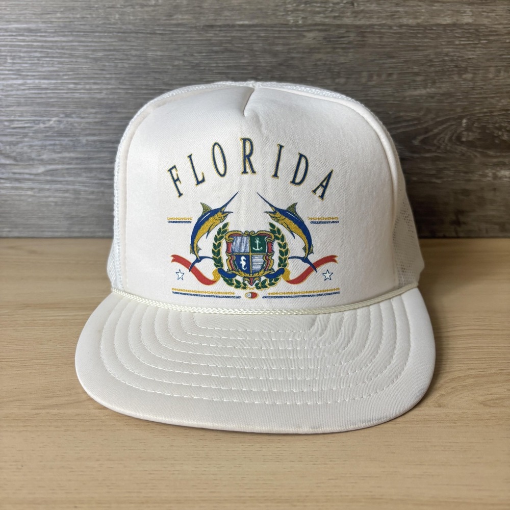 Florida Hat Cap Snap Back Mesh Trucker Marlin Fish Crest Graphic Mens Vintage
